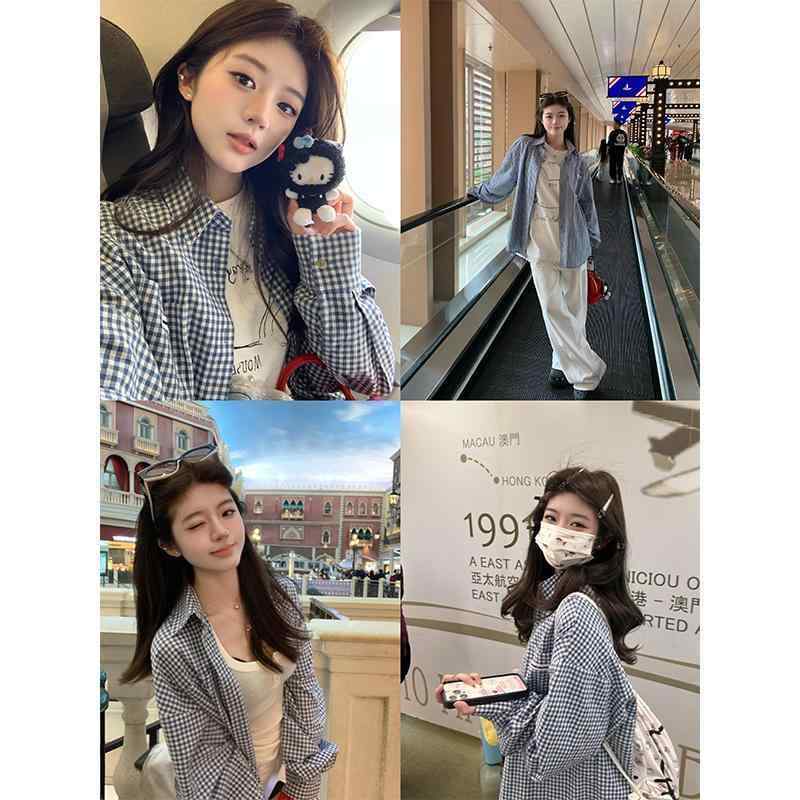 レディース チェック トップス YUYU仔のチェック柄韓国シャツは.春ので感満載のとしたロングスリーブシャツです