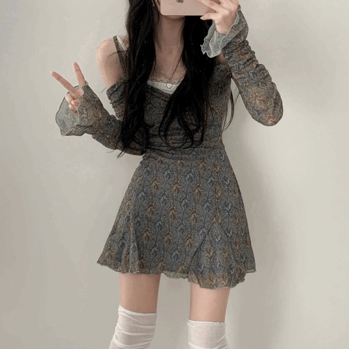 Ariel Flower Shirring Off Dress (エリアル シャーリング オフショルダー シフォン ミニワンピース)