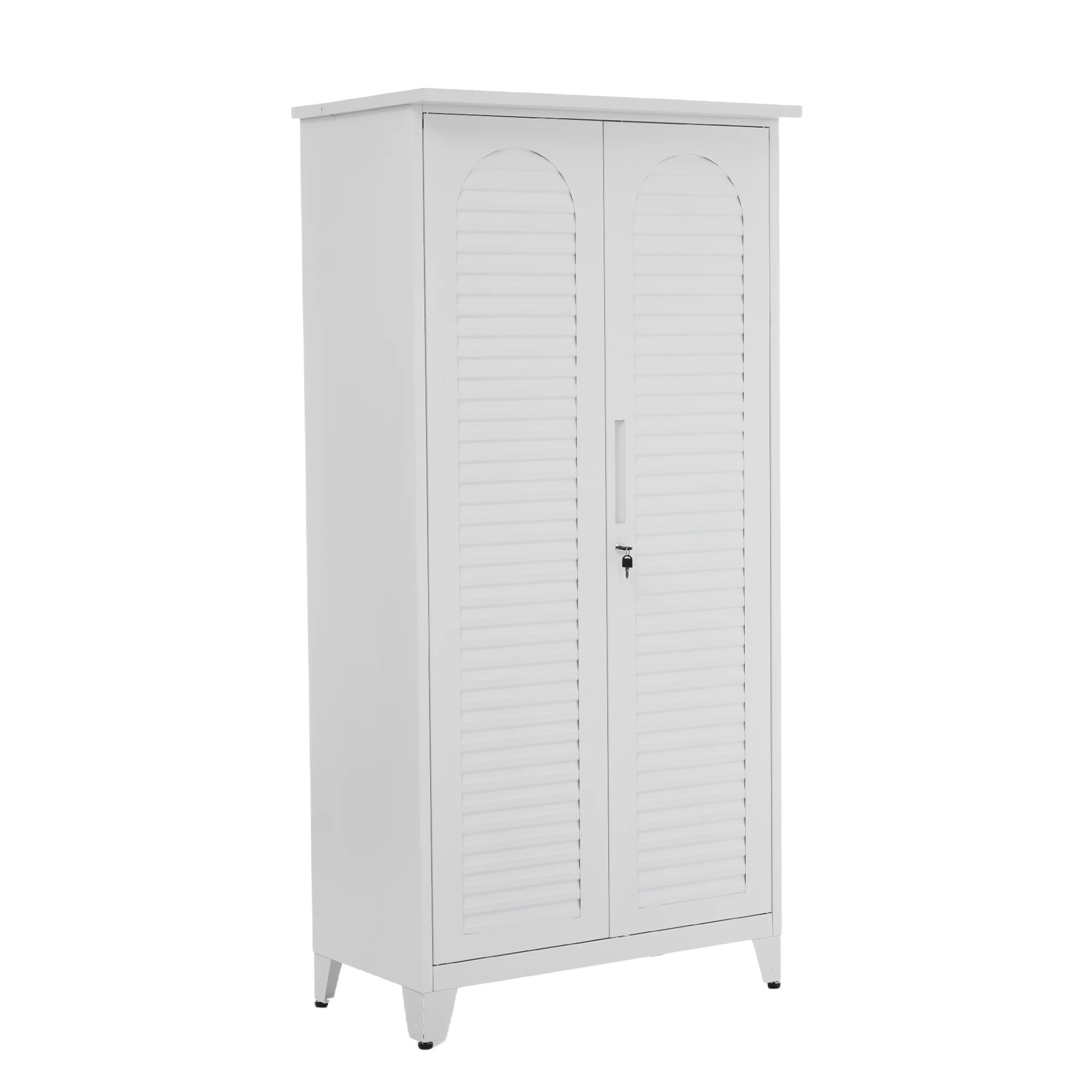 【125】【ホワイト】物置 収納庫 屋外 大型 倉庫 室外収納庫 屋外収納キャビネット 両開きドア 物置き台 収納ボード付き・収納ポール・タオル掛け付き・鍵付き・ 掃除用具ロッカー 高さ185cm