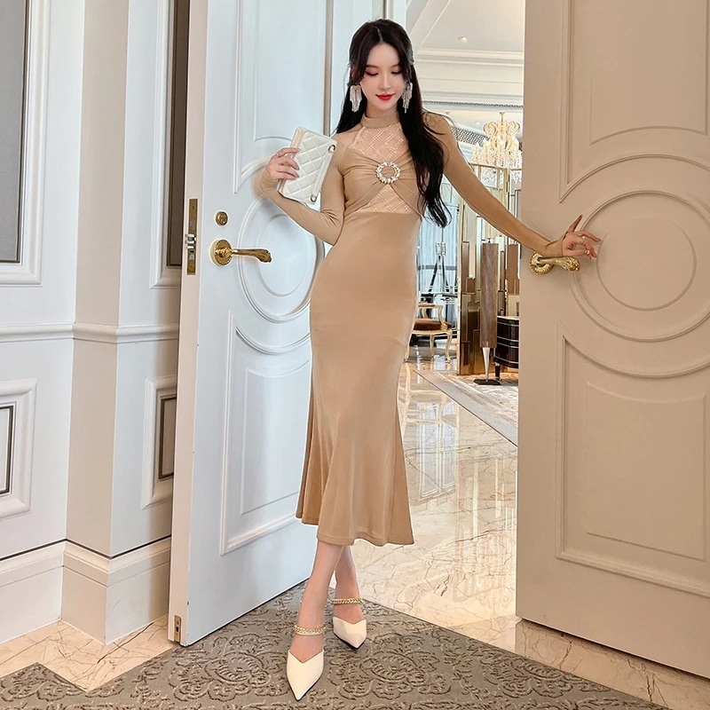 【Fellow 20％割】秋 ロングワンピース マーメイド パーティードレス 着痩せ 大人 お呼ばれ 同窓会 披露宴 卒業式 結婚式 ウェディング 二次会 成人式30%までに制限