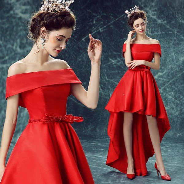 パーティードレス ロング 結婚式 フォーマル イブニングドレス 花嫁 カクテルドレス 赤 カラードレス 演奏会 ウエディングドレス 二次会 サッシュベルト 10,626円
