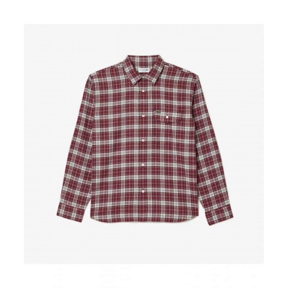 LACOSTE メンズミディアムチェックコットンツイルシャツ [レッド]