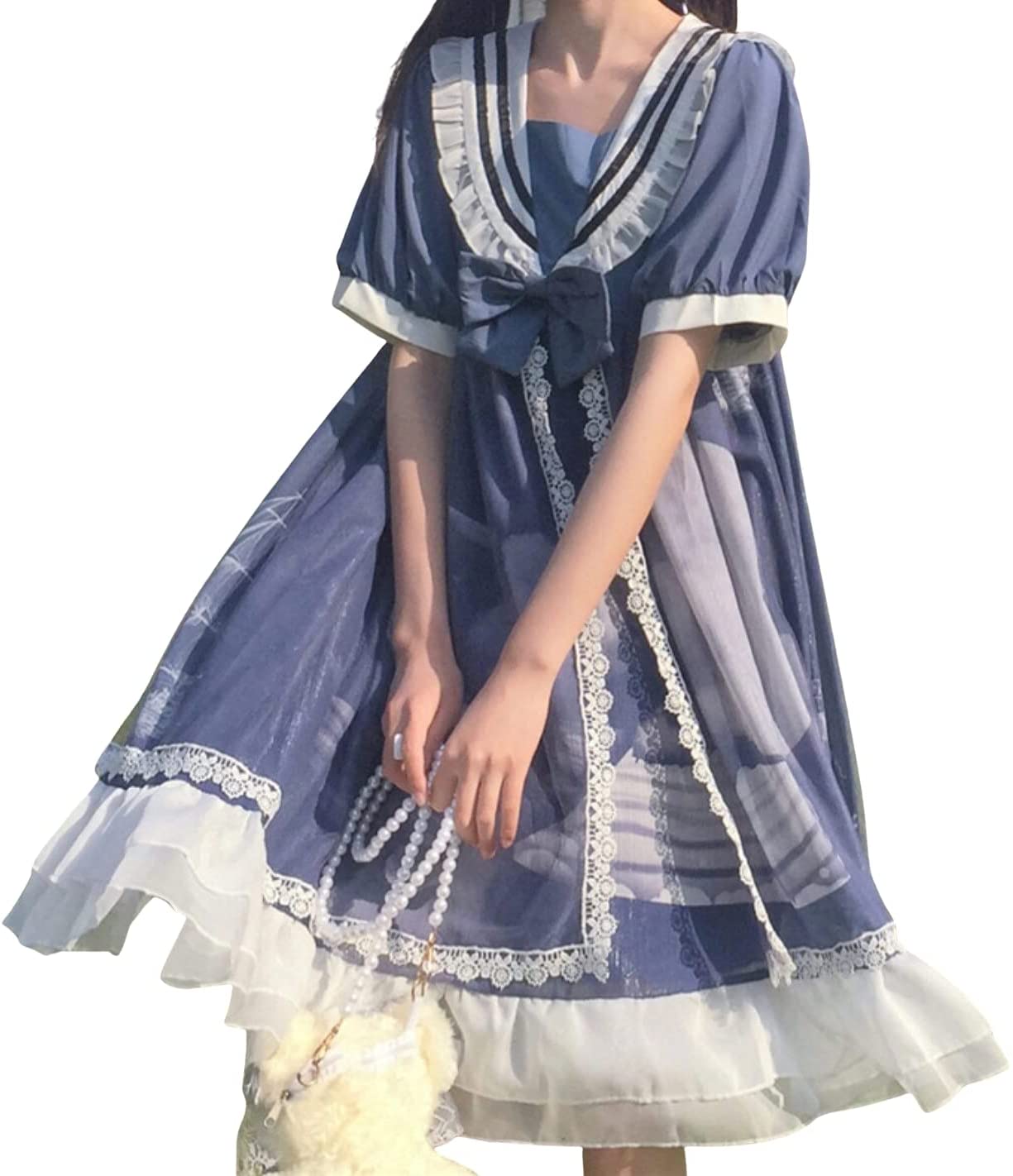 LadyLazyロリータゴスロリ半袖セーラードレスワンピースミモレ丈スカートゴシックロリフリル 衣装