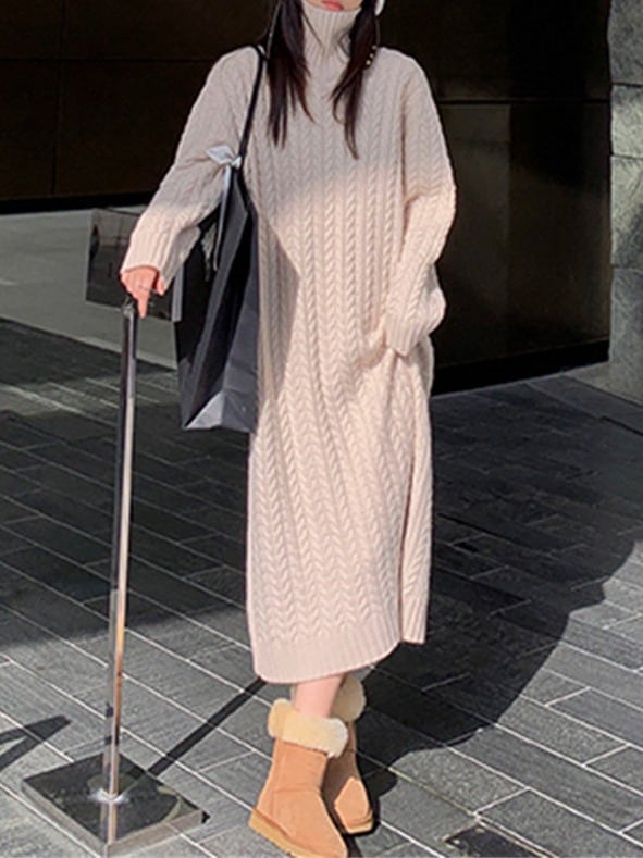 ハイネックのセーター 女です 復古 ミドル丈ニットドレス ニットワンピース ロング