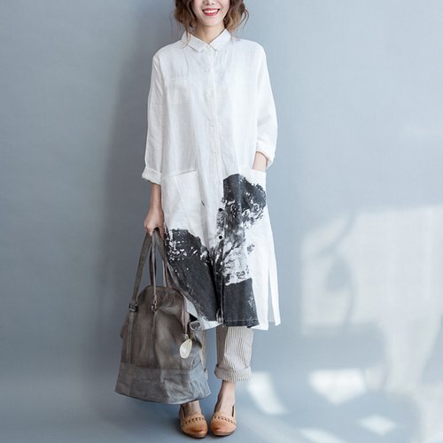 初回 新作ゆったりサイズ綿麻シャツ 長袖 レーディスファション商品 カジュアルトップス ベージュ/大きいサイズのフリーサイズ-1 4018