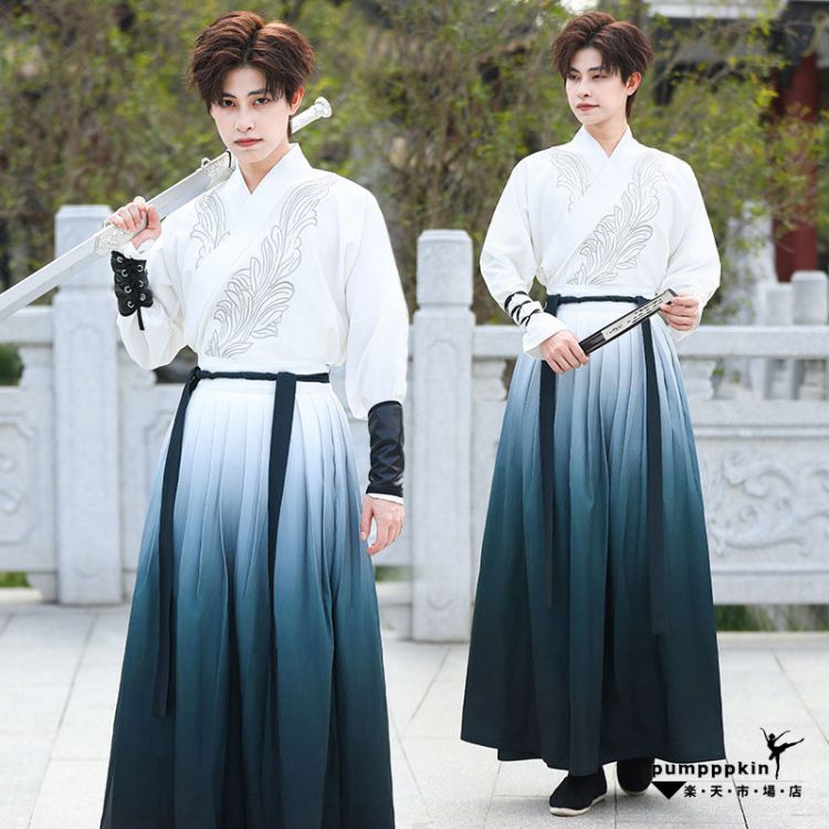 限定セール華流 コスチューム 変装 男性用 白系 グラデーション 漢服 メンズ コスプレ衣装 中華服 大人 舞台ステージ衣装 チャイナ服 上下2~3点セットアップ 長袖 刺繍 交差襟 トップス 巻きス