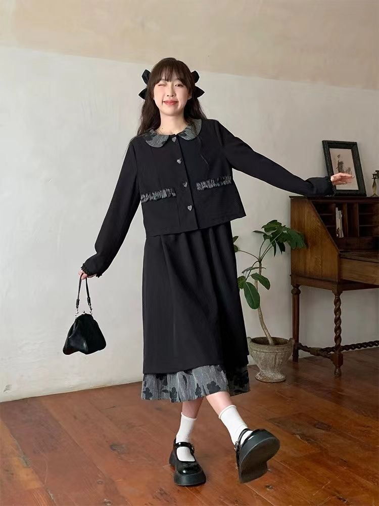 ハートの留め縫い人形の襟のブレザー+チョッキスカート 二点セット 涼しく楽ちんセットアップ 5,242円