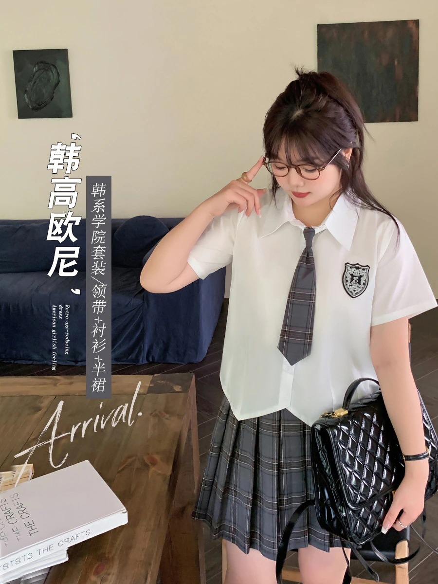 【ぽちゃまに】 夏 制服 上下今週の割引は 25% オフですセット シャツ プリーツスカート 大きいサイズ ネクタイ付き 学院風 JKセット 体型カバー レディース セットアップ メガ割