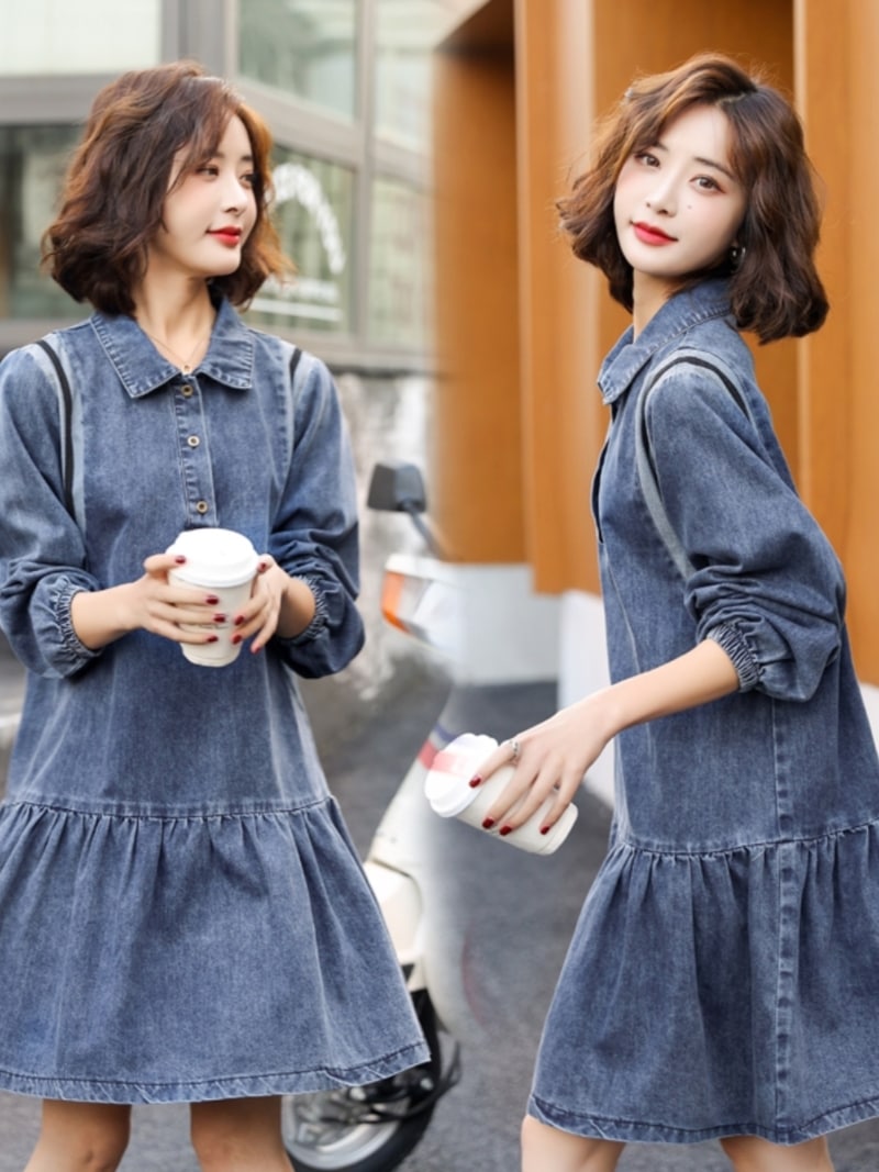 ワンピース ティアードワンピース デニムワンピース ショート 膝上 長袖 Aライン 大人可愛い カジュアル おしゃれ キュート 無地 春 秋 レディース マタニティ お出かけ 休日 旅行 普段使い
