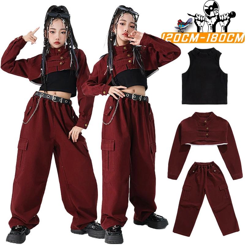 8月に新品が入荷！キッズ ダンス衣装 セットアップ ワインレッド カーゴパンツ ジャケット 子供服 韓国 jazz kpop 女の子 おしゃれ かっこいい 発表 練習 演出 レッスン 普段着