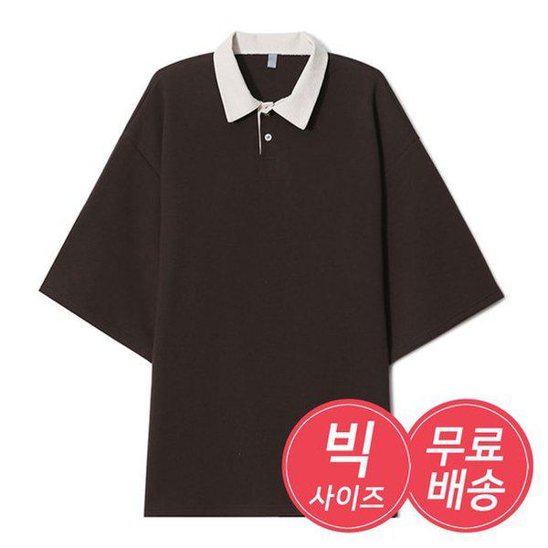 メンズオーバーフィットソリッドPKカラーネック半袖Tシャツ AC-KAH-Q006-ブラウン