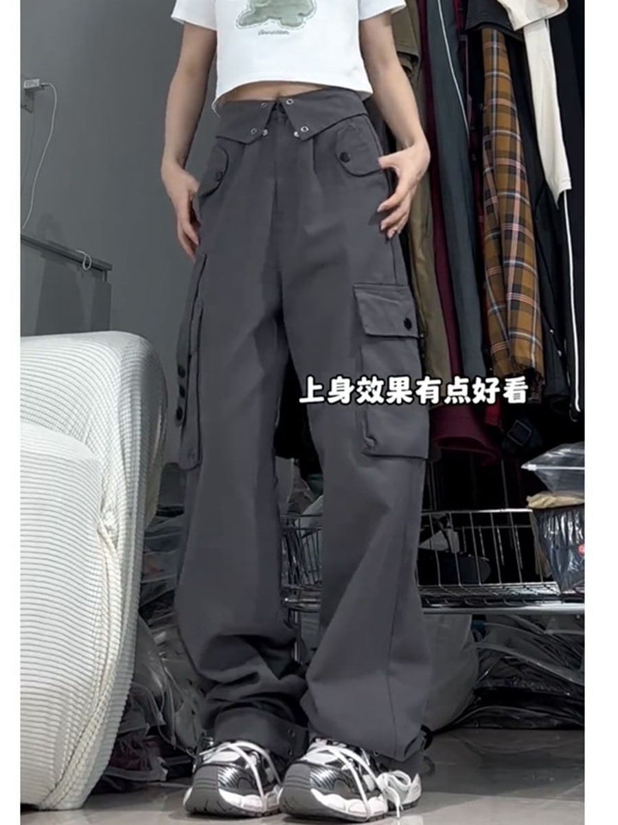 アメリカンレトロワイドレッグオーバーオールレディース2024春夏折り返し付きハイウエストスリムストレートカジュアルパンツ
