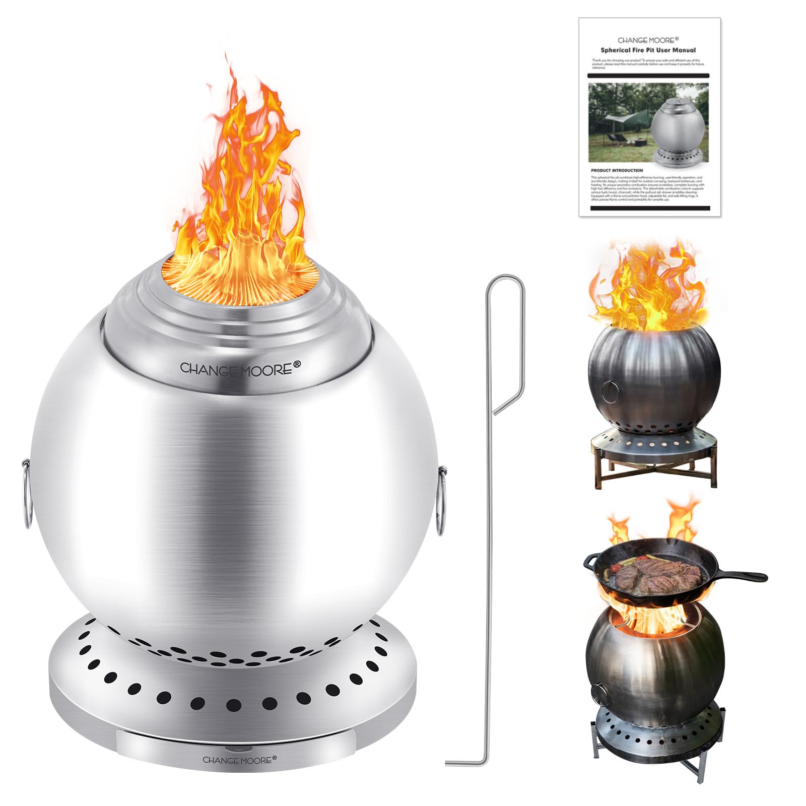 CHANGE MOORE 新升级 二次燃焼焚き火台 球形 150%の燃焼効率 ウッドストーブ 二次燃焼柱 炎集中カバー 火かき棒 焚き火シート 灰受け付き【日本語説明書付き】コンロ 屋外での焚き火 卓
