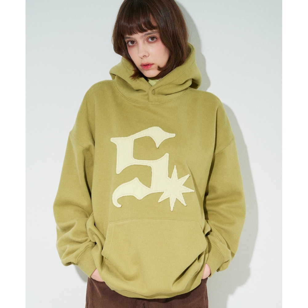 SLOW ACID ピーチスキンアップリケロゴスナップボタンフード付きTシャツ [オリーブ]