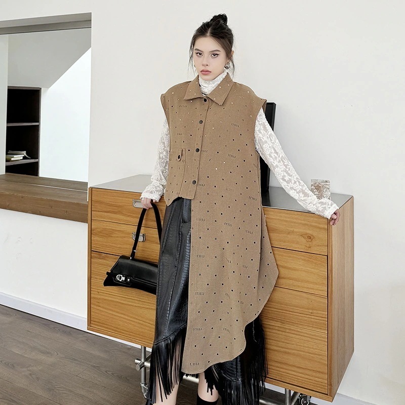 2025秋冬新品 袖なし ロングベスト 不規則裾 レディース ベスト スカートも店で購入可能です～