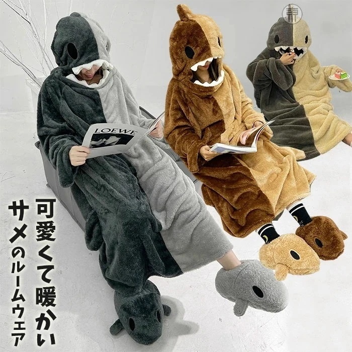 ルームウェア 可愛い サメ 着ぐるみ パジャマ ネグリジェ ロング 長袖 レディース 冬 もこもこ 着ぐるみ 耳フード付き しっぽパジャマ サメ さめ ゆったり 部屋着 寝巻き 暖かい ふわふわ 冬物