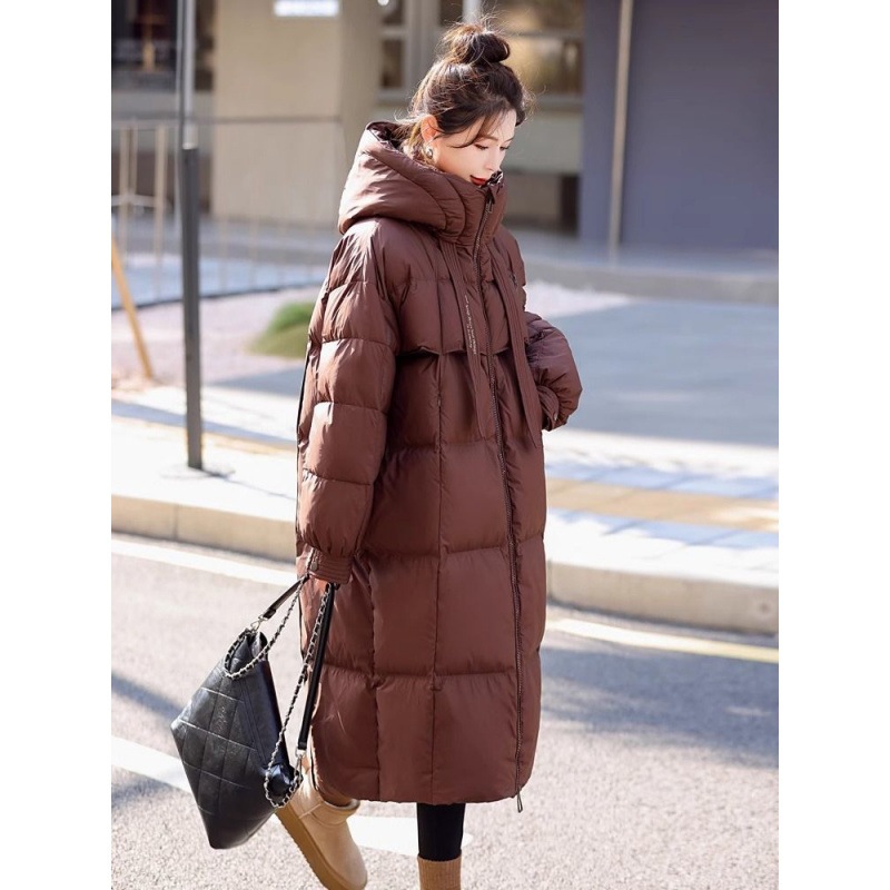 オフシーズンの韓国版の新しい厚みのあるジャケット90冬ルーズフード付き2025パンダックダウン膝丈ダウンジャケットロング 5,448円