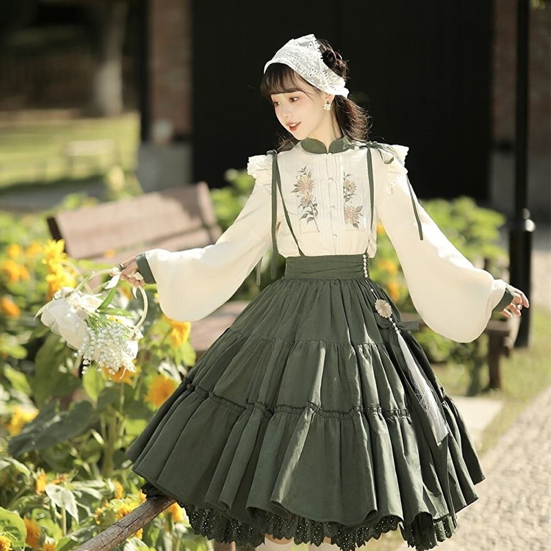 ロリータ通販 セットアップ チャイナ服 刺繍 華ロリ バルーンスリーブ ブラウス フレアスカート 甘め 控えめ 田園風
