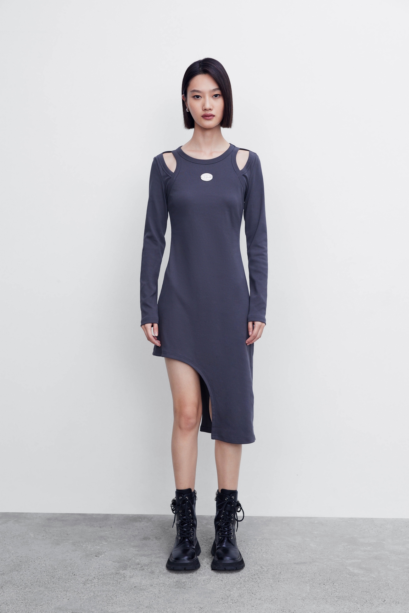 冬 婦人服 ニッチデザイン ワンピース ユニーク 個性的 クール シック グレー S M L XL ワンピース 膝上 袖あり 長袖 かわいい 大人可愛い きれいめ シンプル 大人 上品 おしゃれ