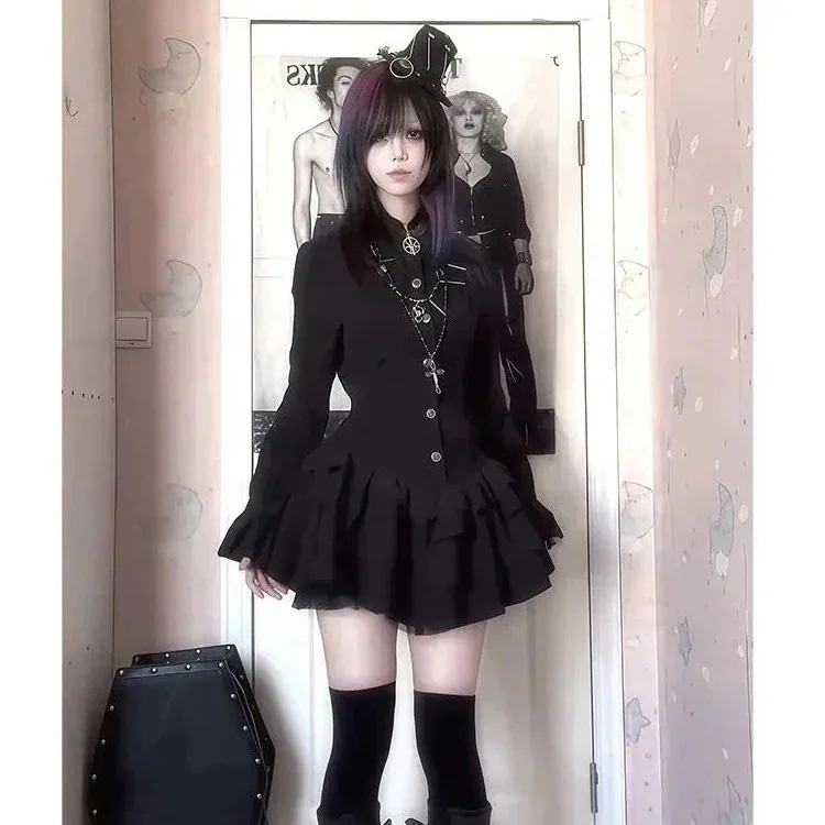 3日出荷 ハロウィンレトロゴシック風シャツレースワンピース 春服 レディース