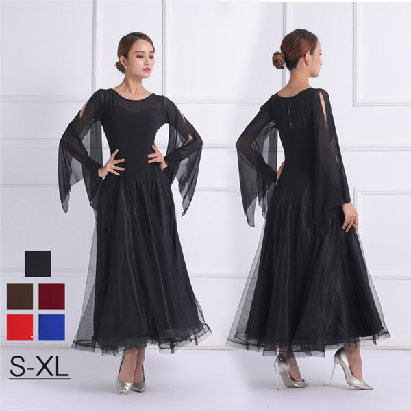 社交ダンスドレス モダンドレス ダンス衣装 ワンピース ドレス 衣装 ダンスドレス ラウンドネック 長袖 袖あり 袖スリット シンプル スタンダードドレス ワルツ モダン 競技ダンス ダンスウェア レ 10,389円