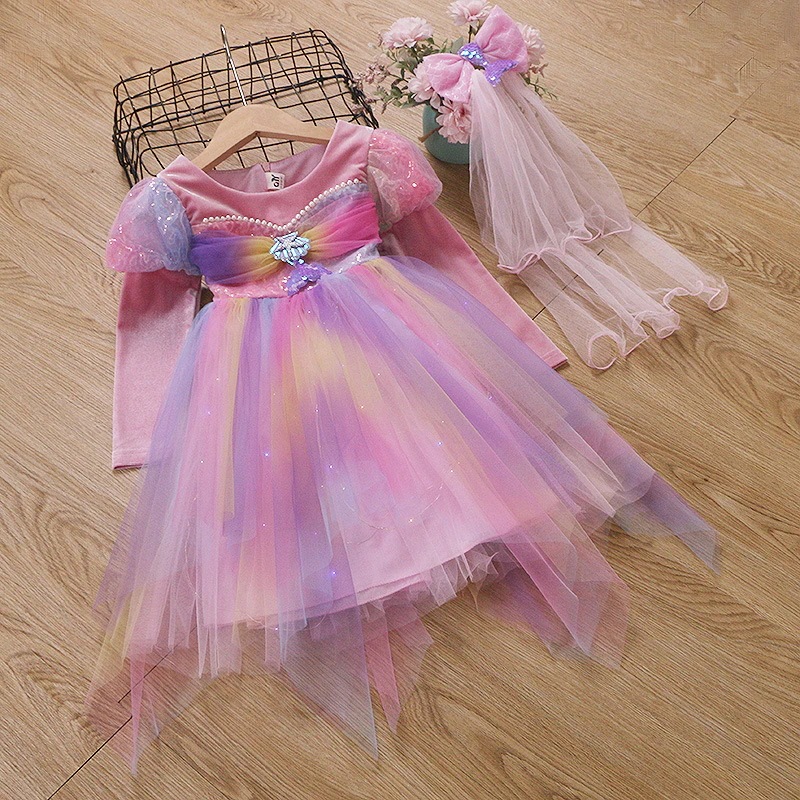 【速達!】女の子ワンピースバブリースリーブスカート女の子ポンポンスカート七色に光るマーメイドプリンセススカート 4,190円