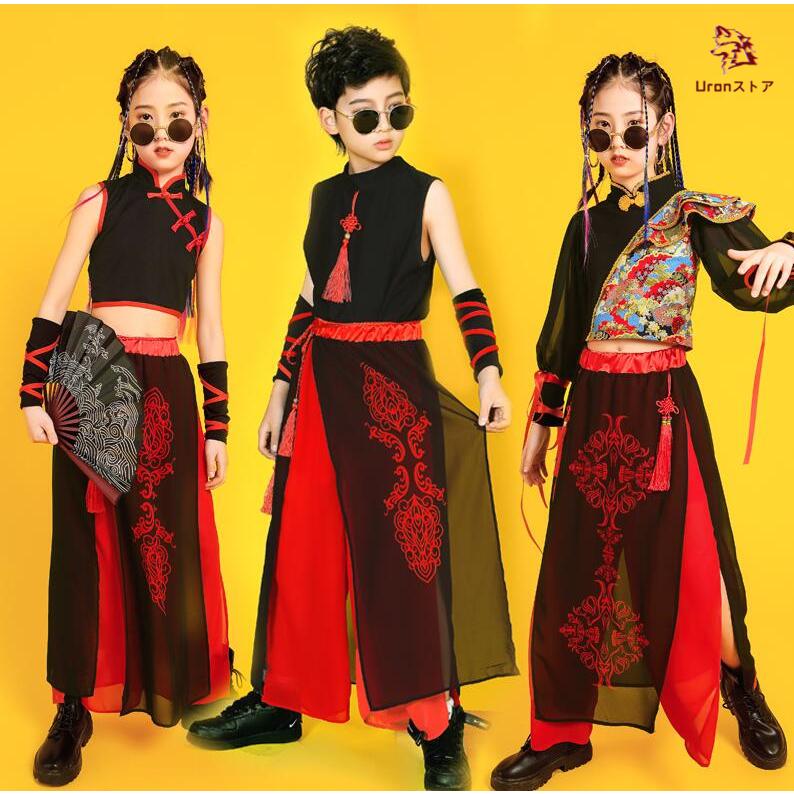 [新品入荷]子供ダンス衣装 チャイナ風 舞台 ステージ衣装 セットアップ 袖なし 長袖 トップス スカート風パンツ スリット サルエルシフォンパンツ 袴風 和風 ダンスウェア