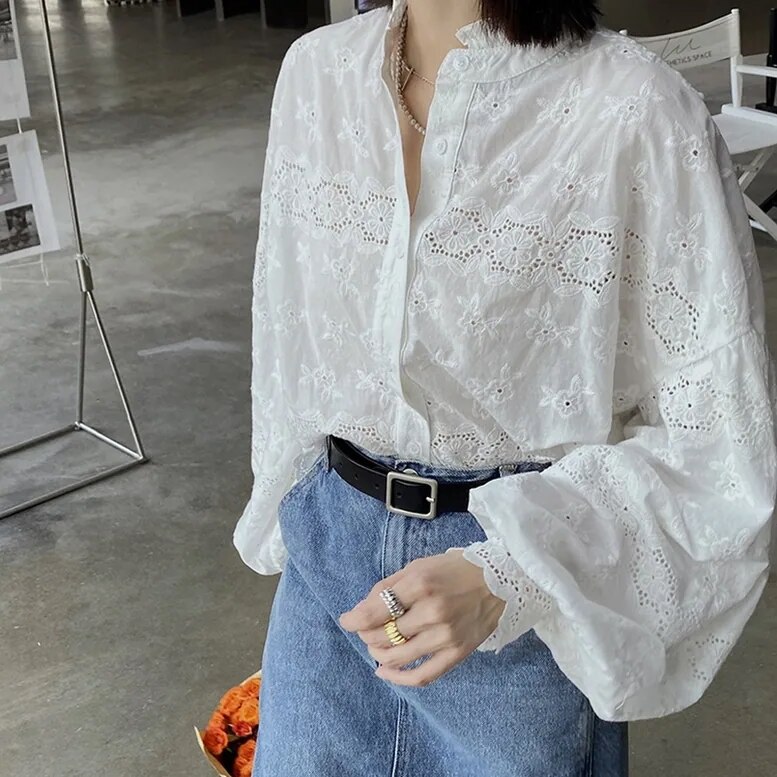 レディース カットワーク花柄ブラウス トップス ブラウス シャツ 花柄 刺繍 フリルネック