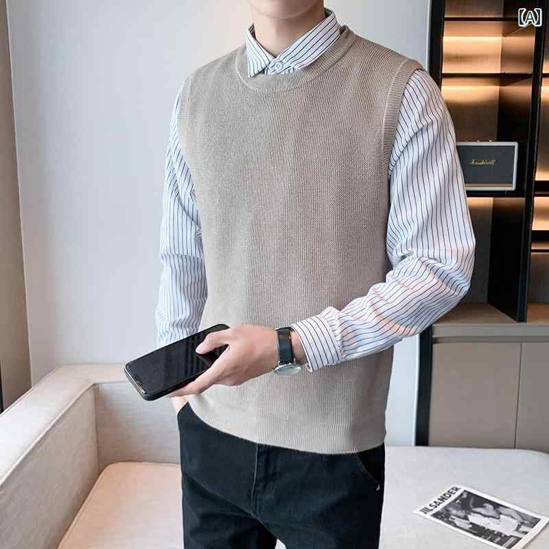 メンズ トップス カジュアル ファッション おしゃれ フェイク セットアップ 重ね着風 セーター ファッション 長袖 セーター 春秋 暖かい ベース シャツ 6,000円