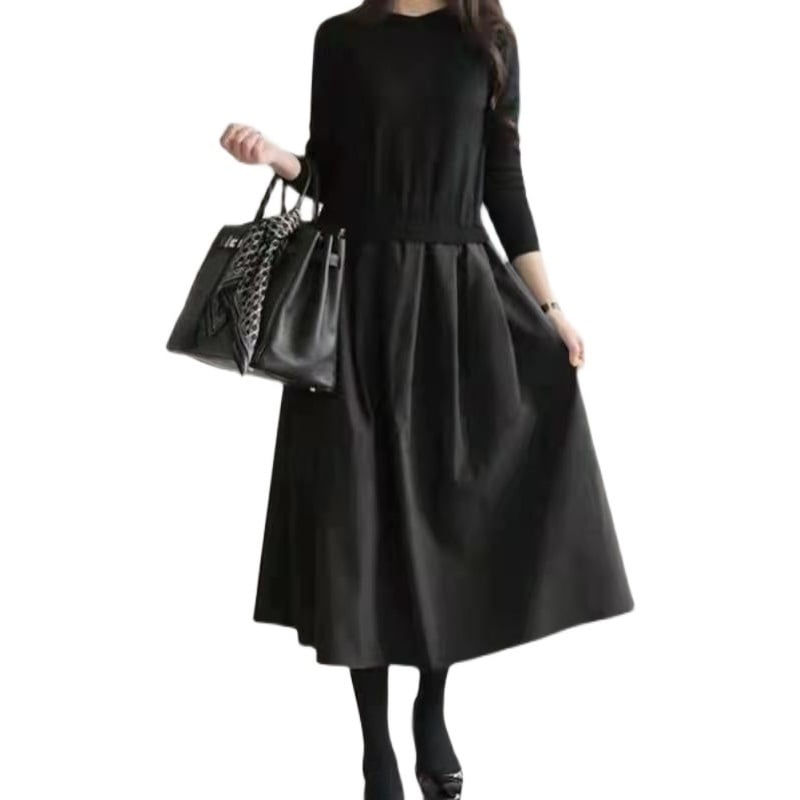 ワンピース ニットドレス タック ギャザー 無地 チェック柄 格子柄 レトロ セーター ニット生地 Ａラインスカート フェアリー ハイウエスト ビッグフレア ミドルロング丈 ゆったり 長袖