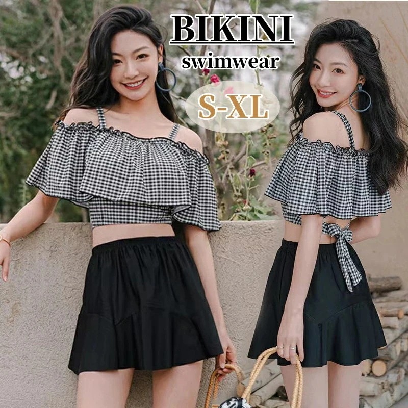 レディース ビキニ 水着 セパレート パッド付き スカート タンキニ 体型カバー 上下セット スクール水着 露出控えめ 可愛い チェック フリル ショートパンツ付き 小胸 スイムウェア バスト セクシ