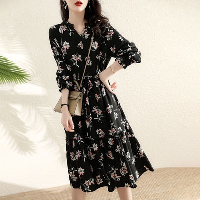 【送料無料】レディース ワンピース 花柄 Vネック 長袖 ウエストリボン ミモレ丈 大人可愛い