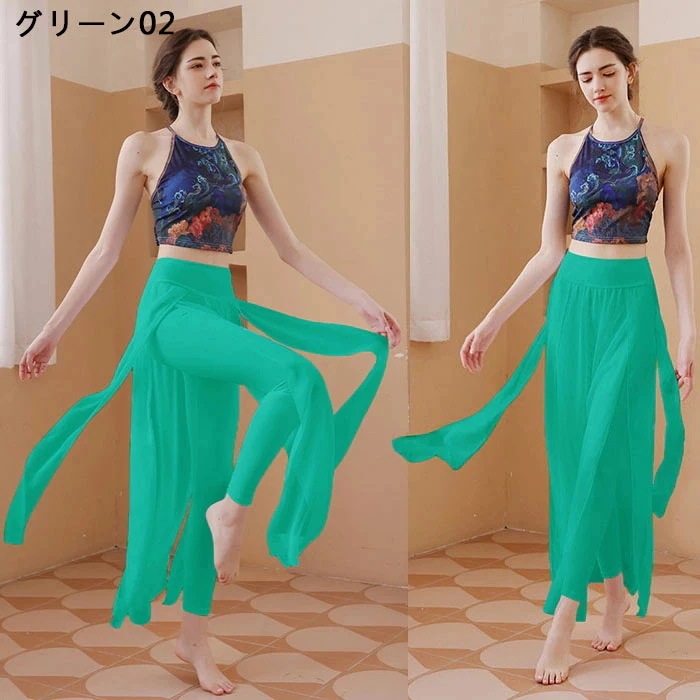 古典ダンス衣装 新作 上下セット 5色 レディース キャミソール へそ出し パンツ ワインドパンツ フレア裾 古典ダンスパンツ リボン ヨガ服 ダンスウェア 練習着 ヨガウェア レッスン着 社交ダンス