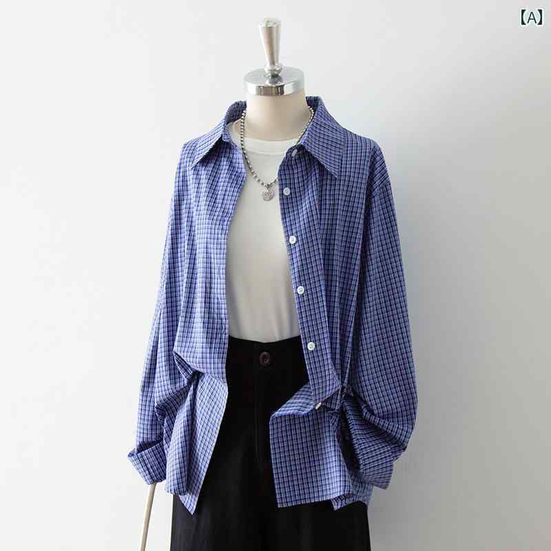 レディース トップス ブラウス 通勤 オフィス 普段使い アメリカン レトロ ブルー チェック柄 長袖 シャツ 秋 ヴィンテージ ハイエンド カジュアル レイヤリング