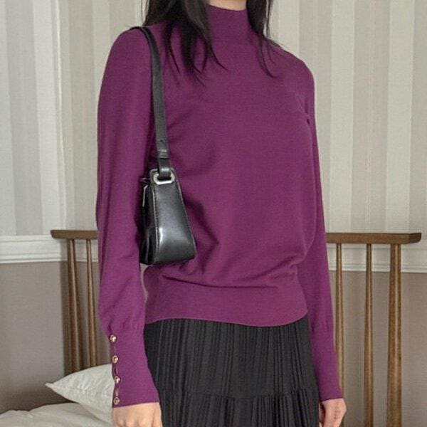 (KN)袖スリットゴールドボタンハイネックニットティー 冬 春