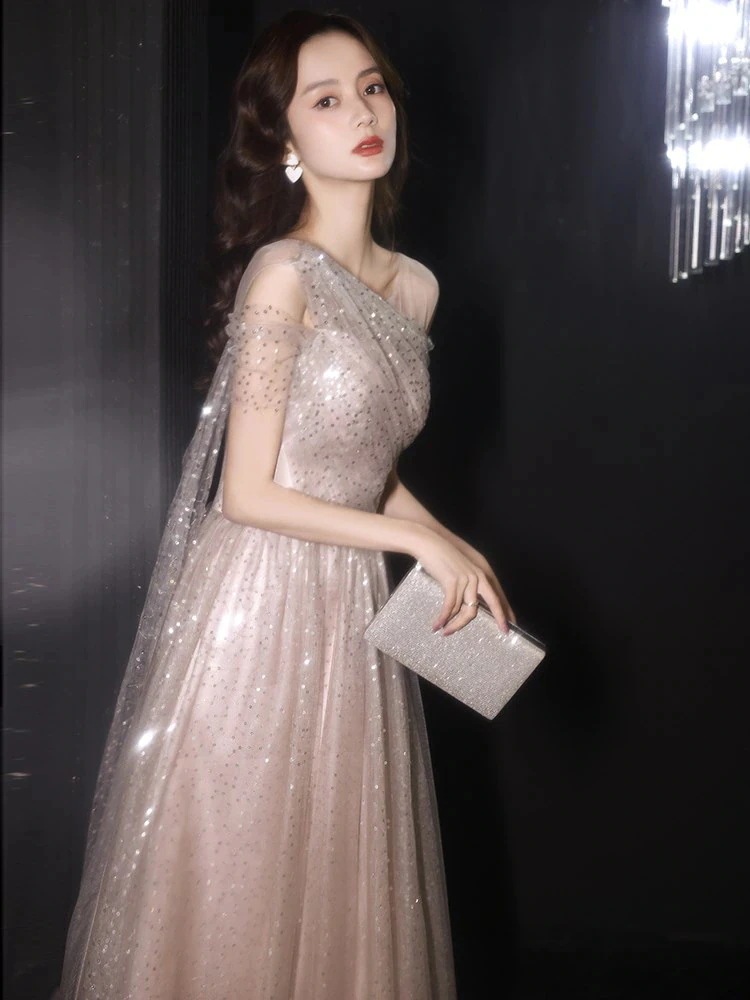 2024春バンケット妖精気質誕生日ブライズメイドドレスホストテクスチャードドレススカートレディース
