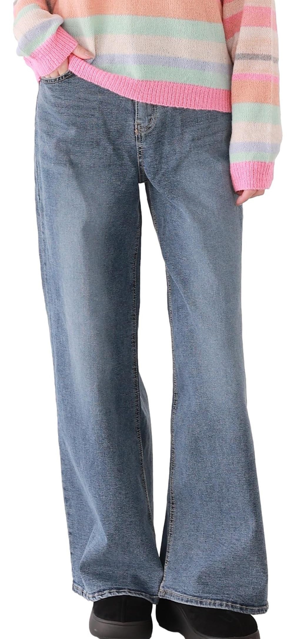 [スリーピング シープ] レディース ストレッチ ワイド フレア デニム パンツ YKK ファスナー使用 韓国製 ベルボトム (JP, アルファベット, L, ブルー)