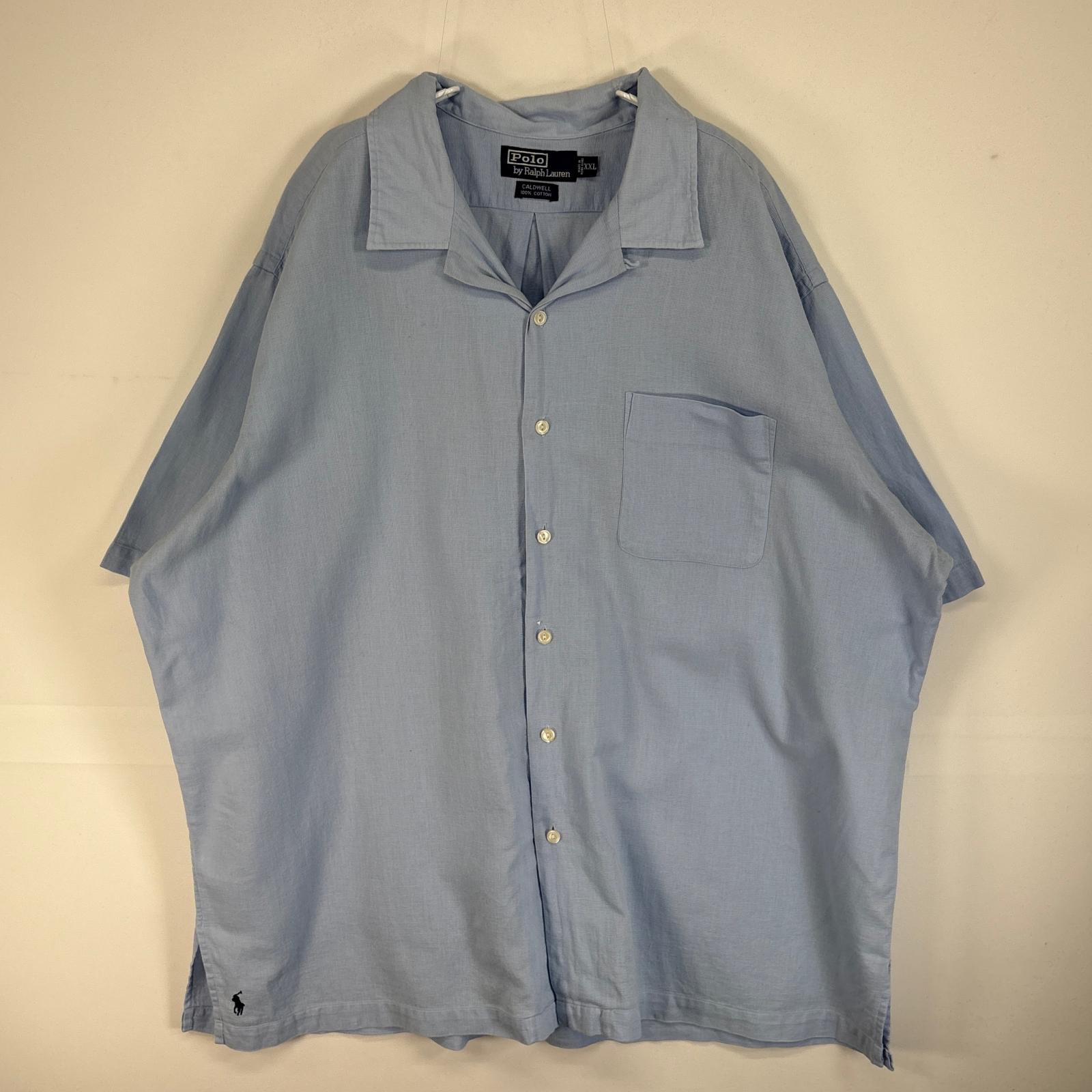 古着 90s/90年代 ポロバイラルフローレン Polo by Ralph Lauren 半袖シャツ ロゴ 刺繍 CALDWELL オープンカラー XXL 水色 無地 メンズ