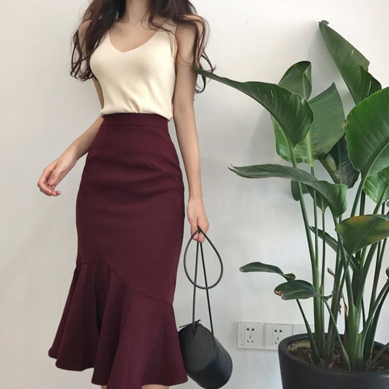 2点セット タンクトップ Vネック プルオーバー ミディアム丈スカート マーメードスカート タイト ハイウエスト スリット かわいい 大人可愛い きれいめ シンプル 上品 おしゃれ かっこいい