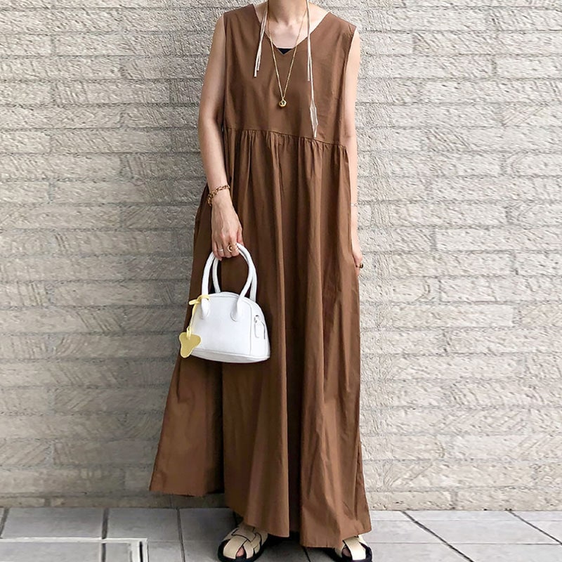 【SNSで大騒ぎ】 シンプル Vネック Aライン ギャザーノースリーブ カジュアルワンピース