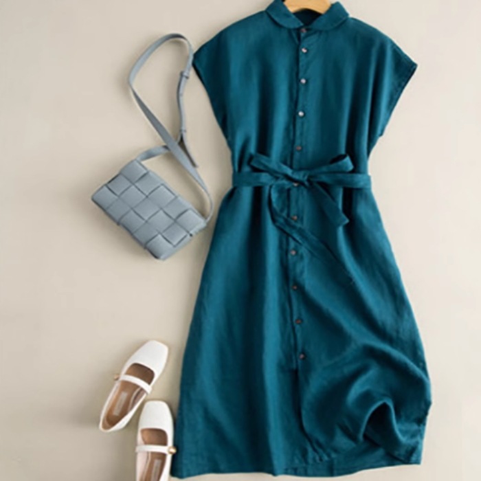 レディース スカート ワンピース シャツワンピ 前開き ロングスカート ロング 袖なし ノースリーブ 襟付き 丸襟 Aライン リボン ウエストマーク ウエストリボン ハイウエスト ボタン 薄手 リネン