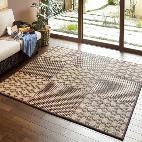 【メーカー直送品】萩原 はっ水 ふっくらウレタン入り い草ラグ キハチ 約180×180cm ブラウン