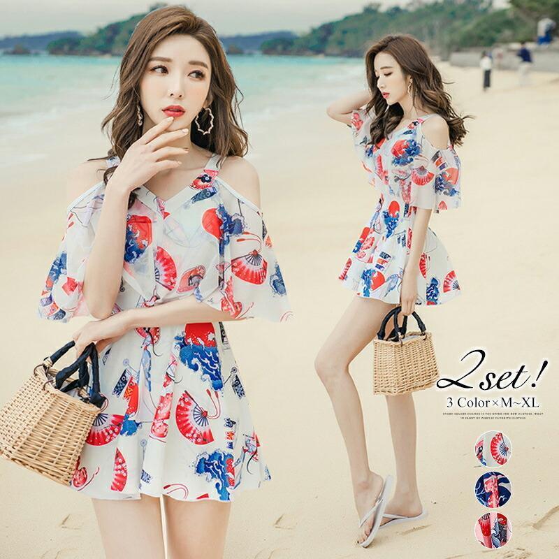 水着 フリル オフショルダー ワンピース ショートパンツ セット スカート シフォン オフショル 和柄 露出控えめ スイムウエア レディース 大人