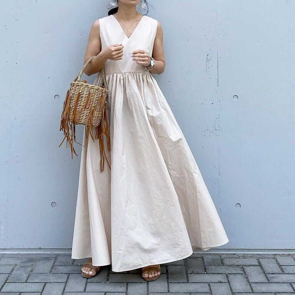 ワンピース 上着 人気 おすすめ おしゃれ お洒落 激安 安い プチプラ 肩出し ノースリーブ Vネック ふんわり オーバーサイズ Aライン 無地 コットン 綿 可愛い かわいい 韓国 lo