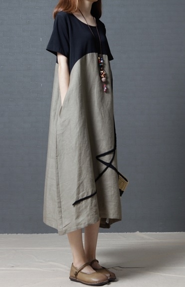 1743.レトロリネンマキシ丈ワンピース（コーヒー）2019 春夏 sale 大人カジュアル 通学 普段使い ランチ カフェ 女子会 シンプル