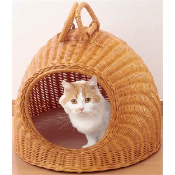天然籐製キャットハウス/猫ハウス [ちぐらタイプ] クッションシート/持ち手付き カバーのみ手洗い可