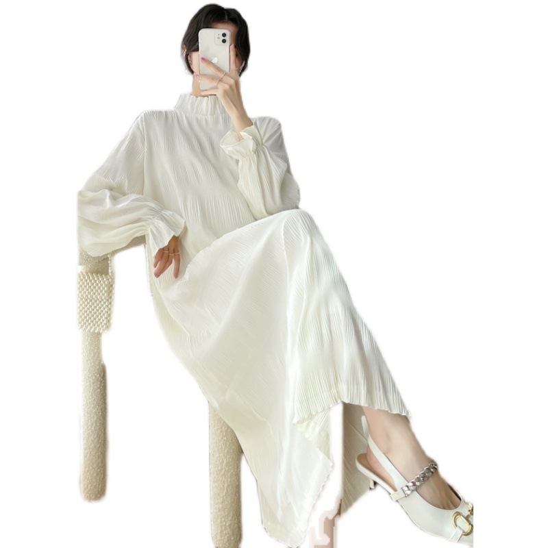 ワンピース ネグリジェ ロング ロング丈 袖あり ポエットスリーブ スタンドカラー ストレート プリーツ シフォン 薄手 かわいい 大人可愛い シンプル おしゃれ お洒落 大人女子 ラフ キュート