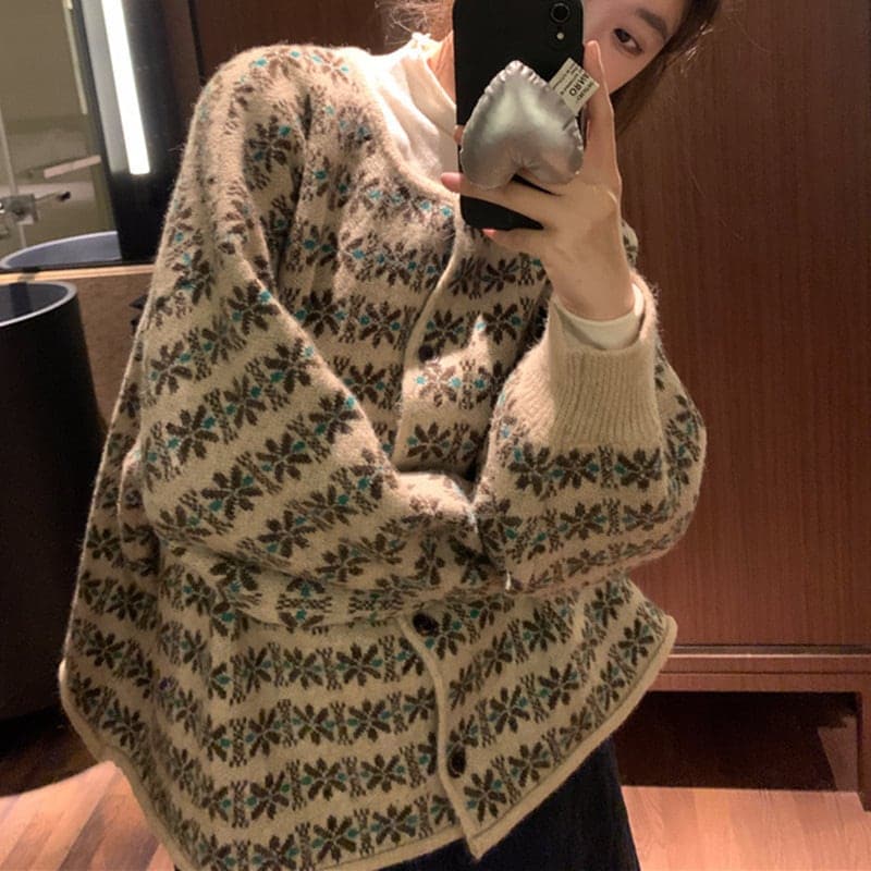 デザイン感ジャカードクルーネックニットカーディガンレディース 新作ストライプのレトロなゆったりトップスセーターコートニットカーディガン『目玉新商品』