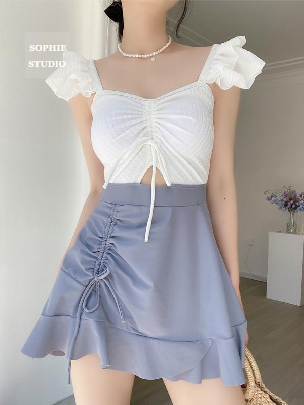 水着 レディース ファッション 夏 プール 海水浴 ビーチ レジャー バックレス ホワイト カジュアル ノースリーブ スカート ワンピース フレンチ