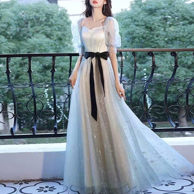 ドレス ワンピース ウェディング パーティー 結婚式 二次会 披露宴 演奏会 発表会 ステージ 舞台 衣装 コスプレ コスチューム ミモレ マキシ 5分袖 ボリューム パフスリーブ スクエアネック